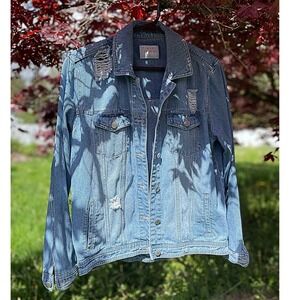 Oversized Frayed Denim Jacket by Tinsel Town, Size S, Good Condition, Pre-Owned
